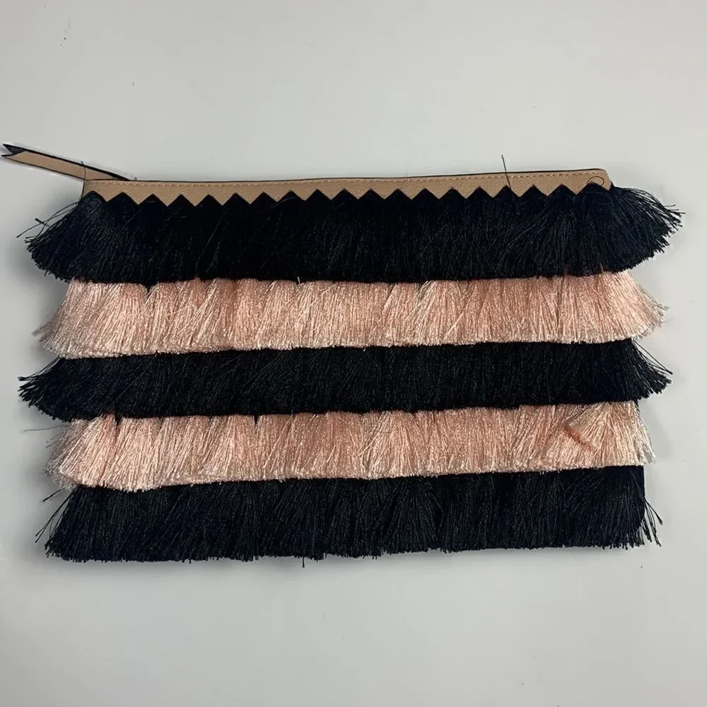 Stella & Dot Pink and Black Eloise Faux Leather & Fringe Clutch purse bag
